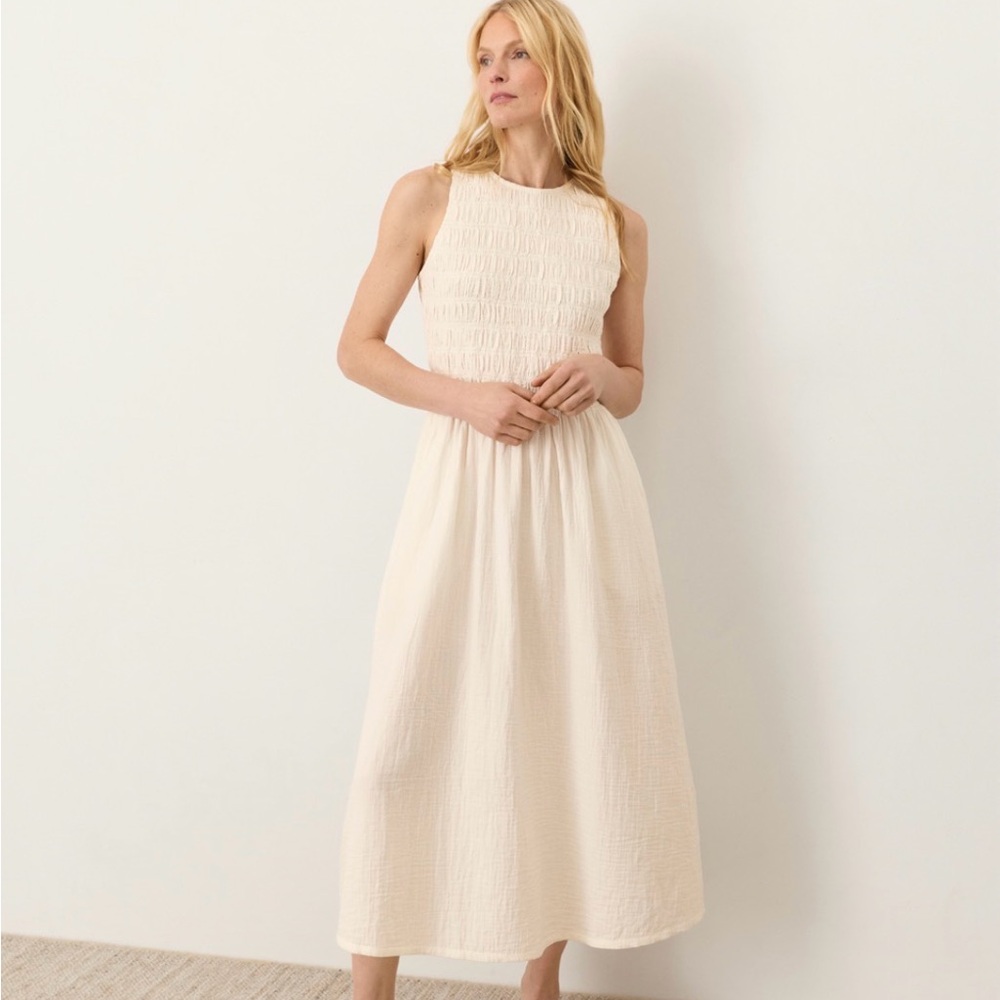 Pact Women's Cream Coastal Double Gauze Smocked Dress XS